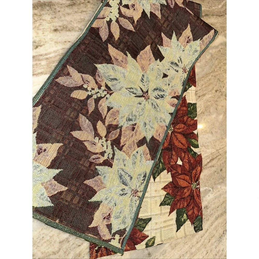 Christmas Table Runner Poinsettia Cream Brocade Tapestry 13